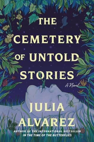 Book cover of The Cemetery of Untold Stories with a cracked statue head facing toward the sky surrounded by greenery.ostly face