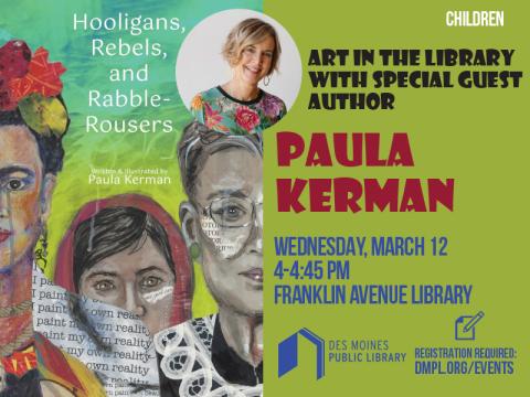 Poster graphic for program with cover of Paula Kerman's book