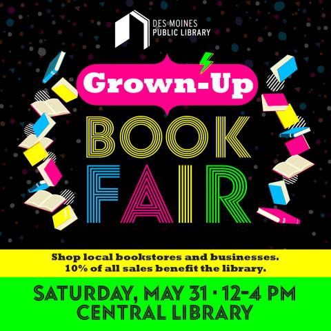 Grown-Up Book Fair graphic with a cascading rainbow of books