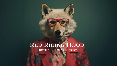 Image of a wolf in glasses and a suit with text that reads "Red Riding Hood: Both Sides of the Story"