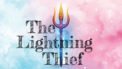 Text that reads "The Lightning Thief" with a Trident in the middle