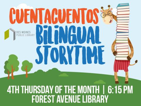 Cuentacuentos: Bilingual Storytime, occurs on the 4th Thursday of each month. A friendly giraffe holds a stack of library books on the right-hand side of the image.