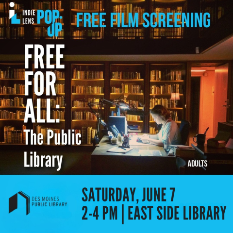 A photo of a library and the screening details