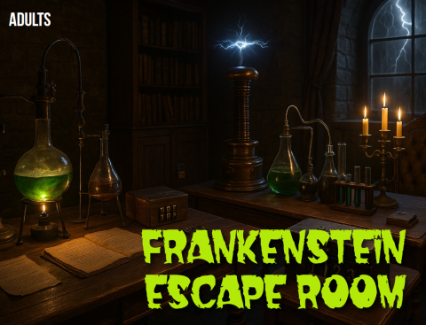 A spooky lab with a window overlooking a lightning storm. Text in the forefront reading "Frankenstein Escape Room."