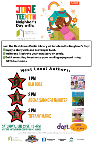 DMPL Juneteenth Promo Poster with activity descriptions, authors and their books. 
