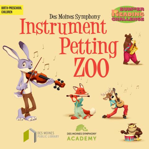 animals playing instruments with the text Instrument Petting Zoo