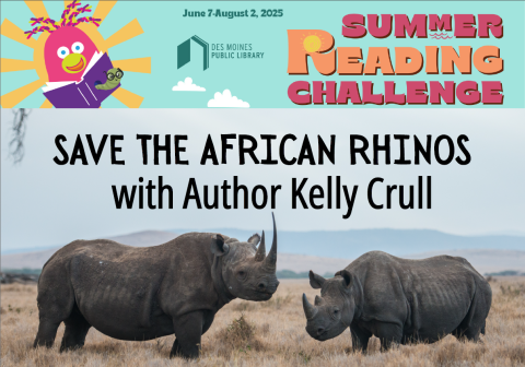 picture of two rhinos with words that read "Save the African Rhinos with Author Kelly Crull"