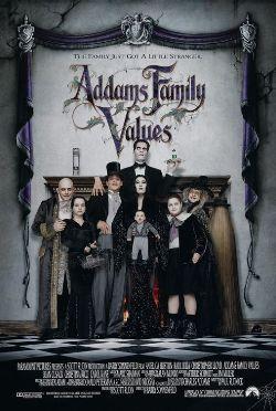Movie poster for Addams Family Values. The members of the Addams family stand in front of a fireplace, as if taking a formal family picture.