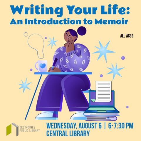 Illustrated person sitting at a desk, thinking of what to write