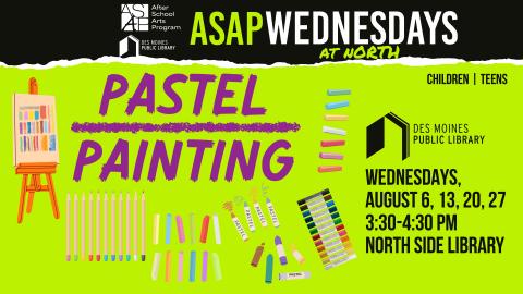 Text: "Pastel Painting," with an illustrated easel and lots of different types of pastels