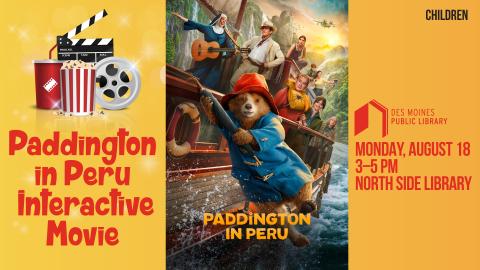 Text: Paddington in Peru Interactive Movie, with movie poster of Paddington Bear hanging off the side of a boat in an adventure landscape