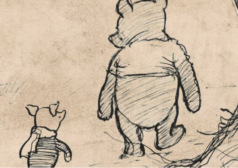 sepia toned drawing of winnie the pooh and piglet
