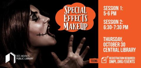 The side profile of a girl with dark hair black makeup around her eyes, black lipstick, and black makeup stitches on the side of her mouth.