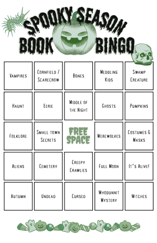 Bingo sheet of prompts for books, decorated with green bugs and pumpkin and candy decorating the border