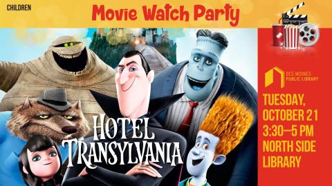 Text: Movie Watch Party, with a movie poster of the monster characters from Hotel Transylvania