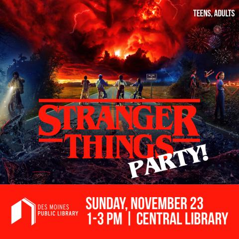 Four teens on bikes in the middle of a highway look up at a red and black stormy sky that contains the shadow of a monster.