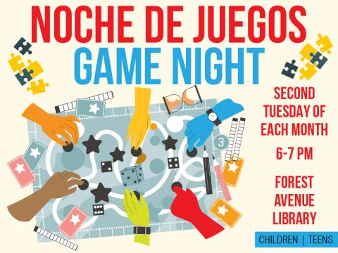 Text reads: "Noche de Juegos: Game Night - 2nd Tuesday of each month from 6-7 PM"