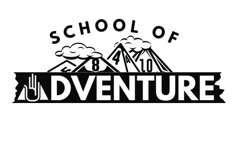 Black and white logo with "School of Adventure" and an image of various dice positioned to look like mountains.