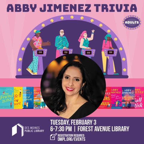 Picture of Abby Jimenez surrounded by her book covers with people in front of trivia podiums.