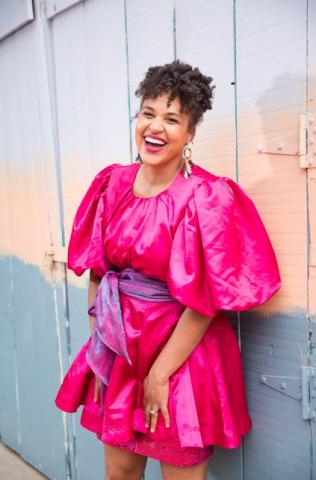 Jazzy Ash in a pink dress