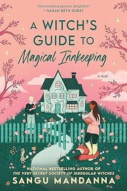 Cover of A Witch's Guide to Magical Innkeeping. A path goes past a fence and up to a house. In front of the fence is a woman with a book in her hands and a fox at her feet. Just past the fence is a man holding a steaming cup.