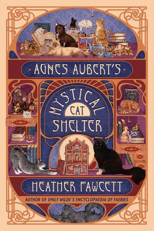 Cover of Agnes Aubert’s Mystical Cat Shelter. A variety of cats sitting and laying on and around books.