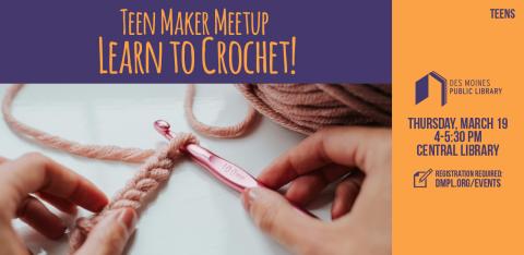 Two hands in the front hold a crochet hook and crochet project with a ball of light pink yarn behind.