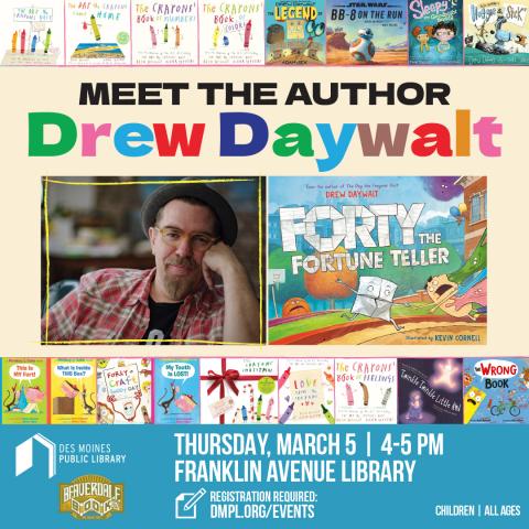 poster for author visit with picture of author and his book with a border made of all his published books
