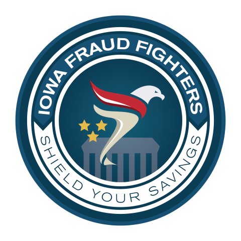 Logo with a bird and three stars with the words "Iowa Fraud Fighters, shield your savings"