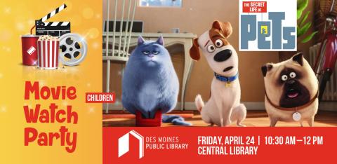The Secret Life of Pets animated movie characters Chloe, Max and Mel with an interior living room background.