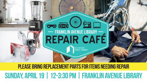 repair cafe title above the dmpl logo on teal foreground crest over images of various home items