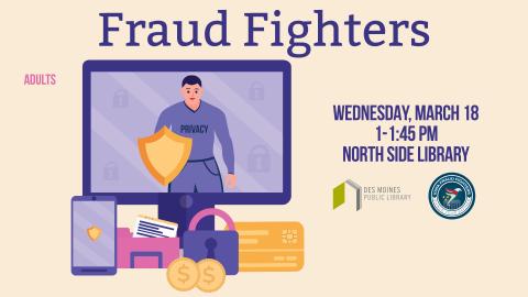 Promotional flyer for fraud fighters with a suited man at a laptop, emphasizing the importance of fraud prevention efforts.