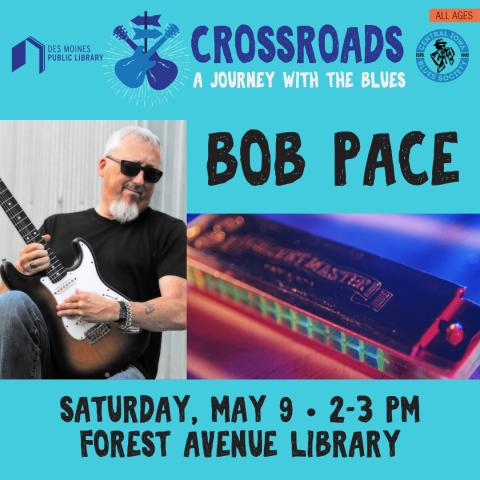 Bob Pace playing guitar next to an image of a harmonica.