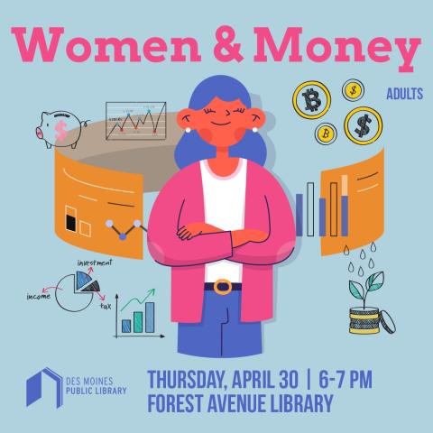 Woman surrounded by graphs, charts, piggy banks, and coins