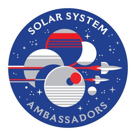 circular image with blue background, stars, planets, and rockets that reads "Solar System Ambassadors"