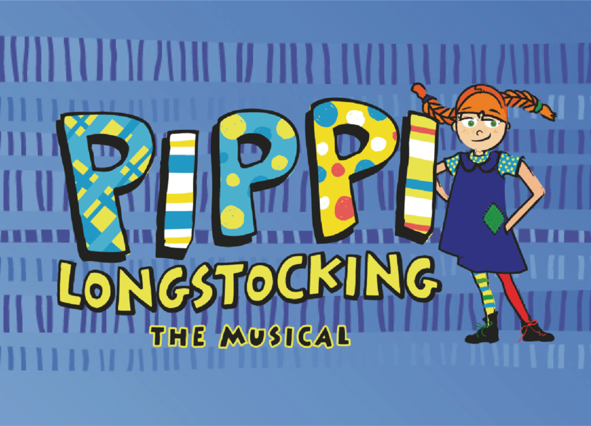 Colorful logo for Pippi Longstocking with a blue background and Pippi standing next to it