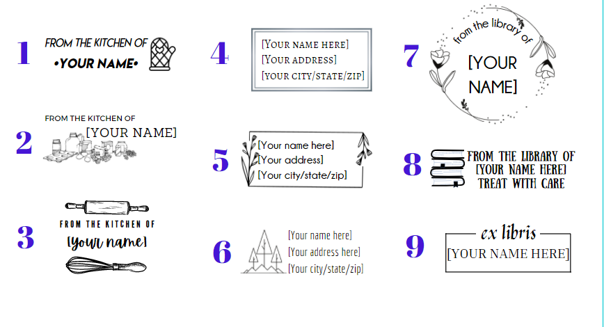 Images of rubber stamp templates, numbered 1-9