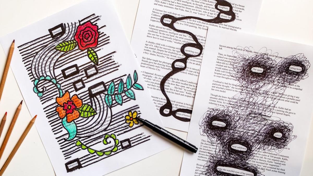 Examples of black out poetry on a white table with pencils and pens