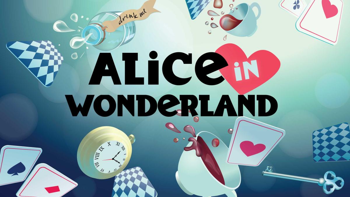 Text that reads "Alice in Wonderland" surrounded by items from the book