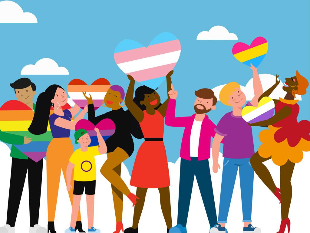 group of diverse people holding pride signs in front of a blue sky