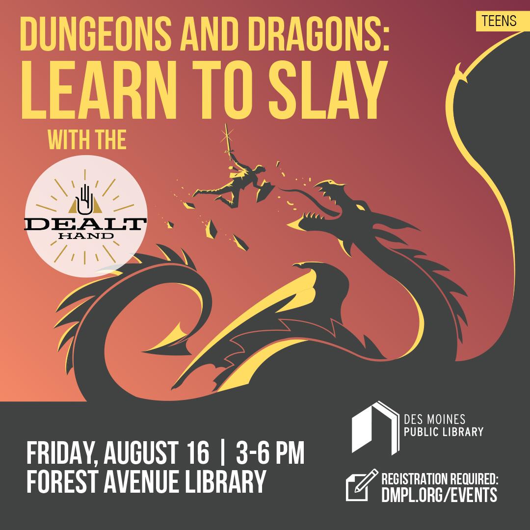 An illustration of a hero fighting a dragon with the program info on top