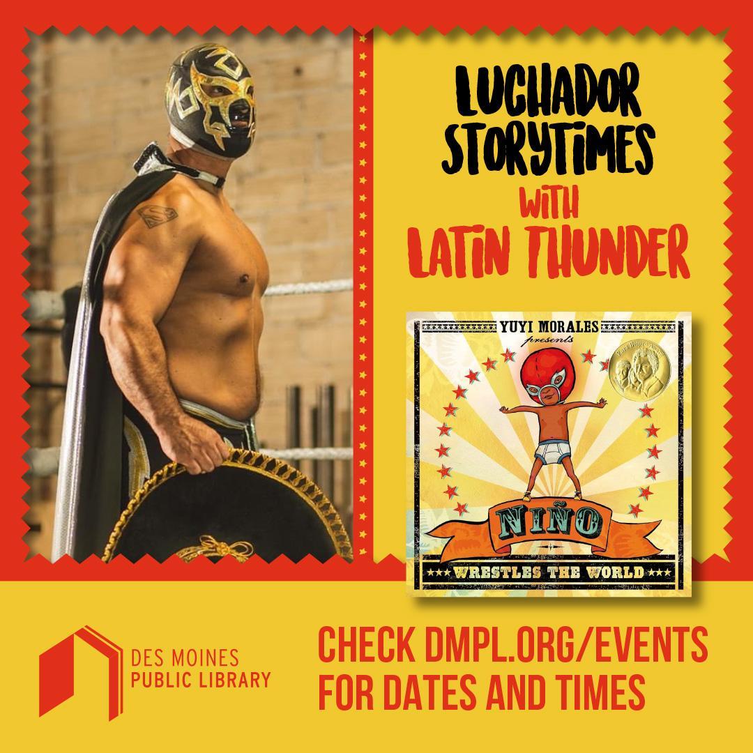 Latin Thunder the Luchador beside the book Niño Wrestles the World
