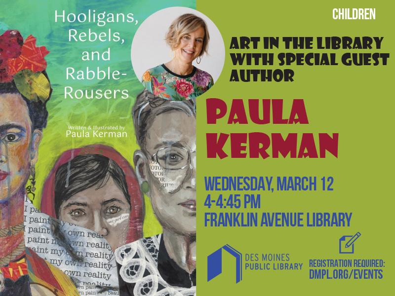 Poster graphic for program with cover of Paula Kerman's book