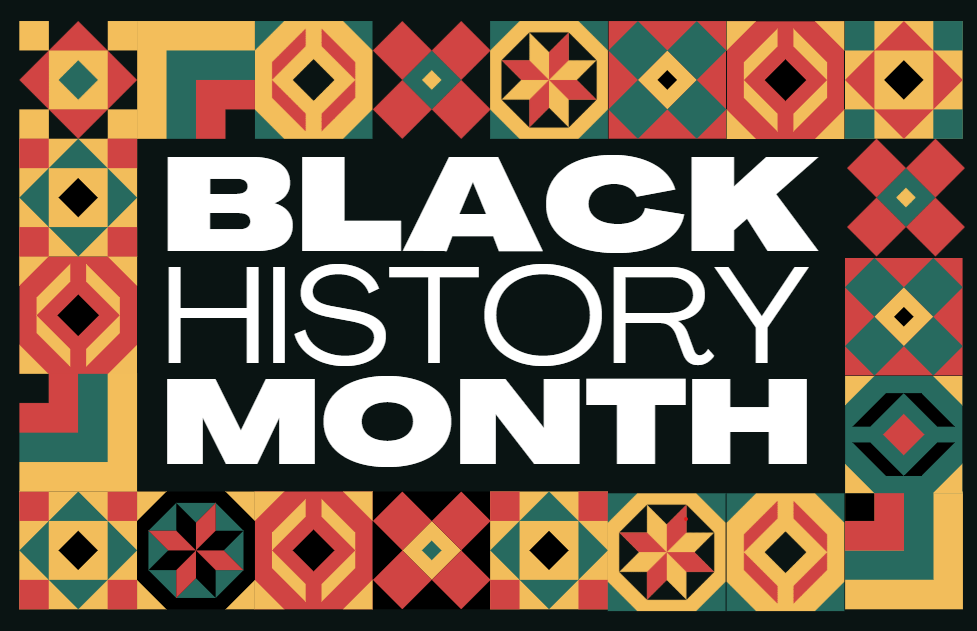 text that reads "Black History Month" with colorful graphics surrounding it.