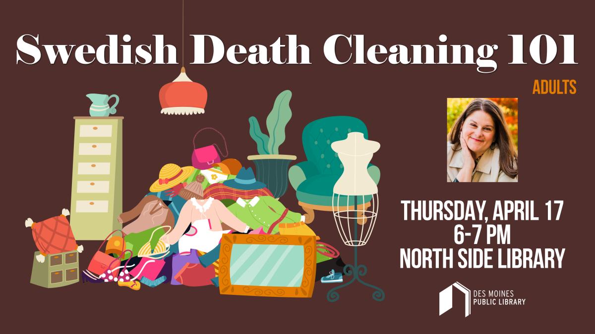 Illustration of a pile of old clothes and furniture, with text "Swedish Death Cleaning 101"