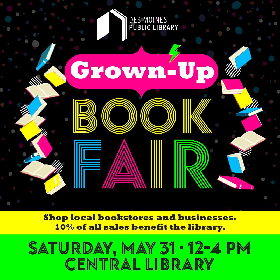 Grown-Up Book Fair graphic with a cascading rainbow of books