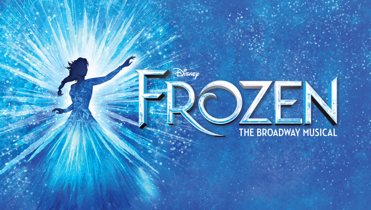 Image of Princess Elsa and Text on a blue background that reads "Frozen, The Broadway Musical"