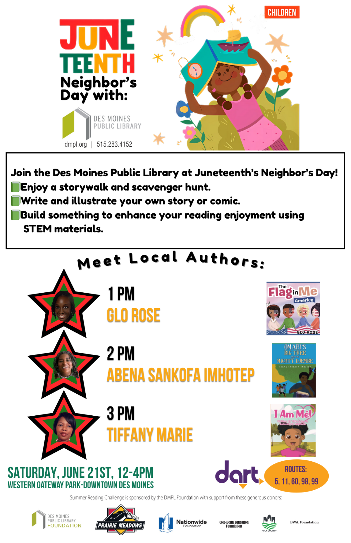 DMPL Juneteenth Promo Poster with activity descriptions, authors and their books. 