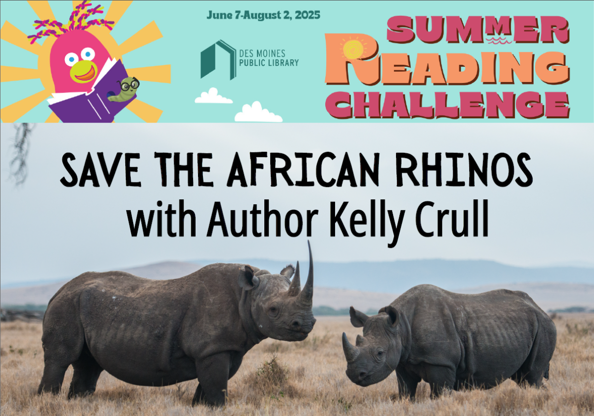 picture of two rhinos with words that read "Save the African Rhinos with Author Kelly Crull"