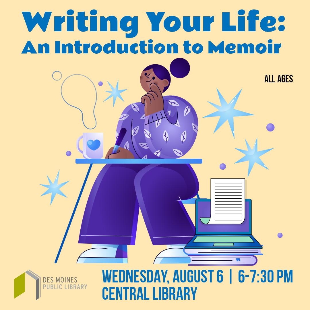 Illustrated person sitting at a desk, thinking of what to write